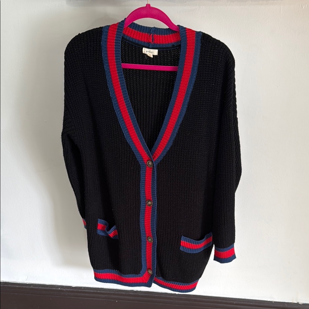 Vintage Black Cardigan with Red and Blue Trim